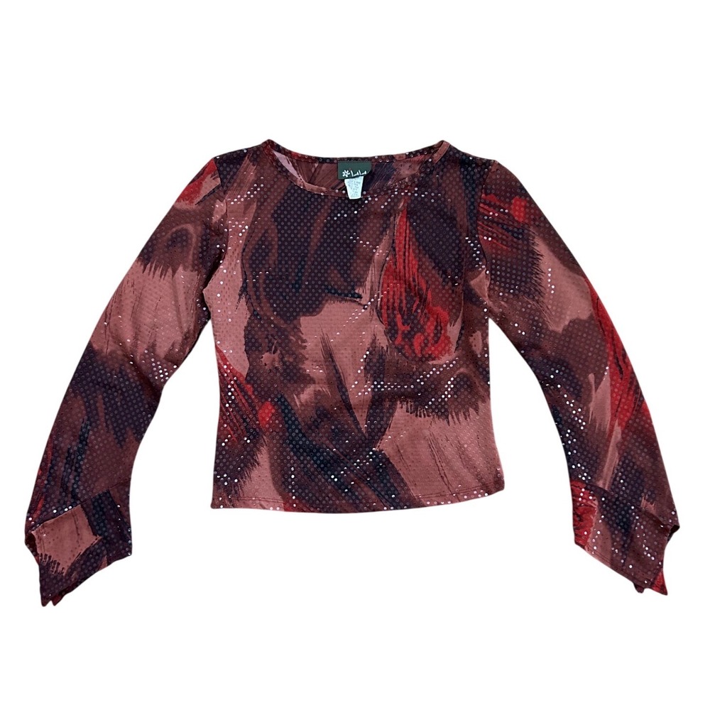 Vtg Y2K 90s Grunge Abstract Mesh Sequin dot‎ Long Sleeve Top Burgundy Red Medium